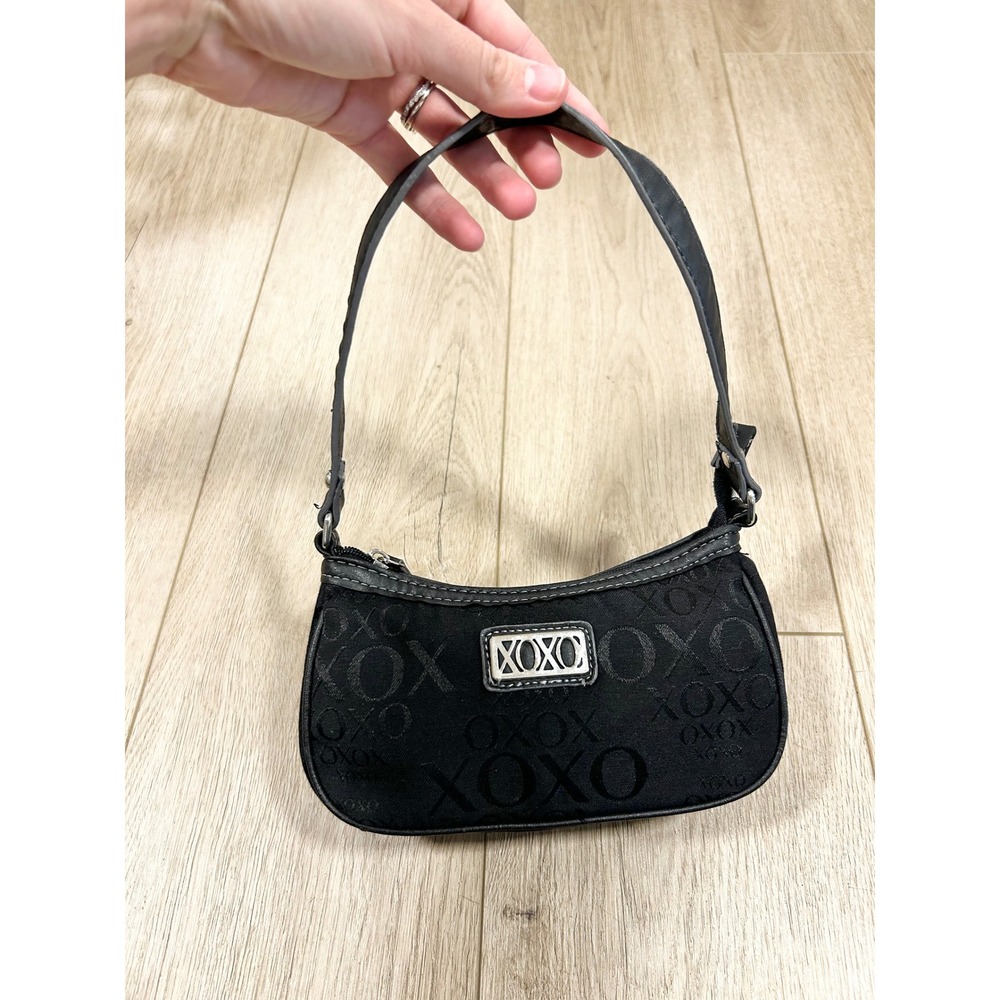 XOXO Mini Shoulder Bag Black Logo Jacquard Y2K Baguette Silver Tone Hardware